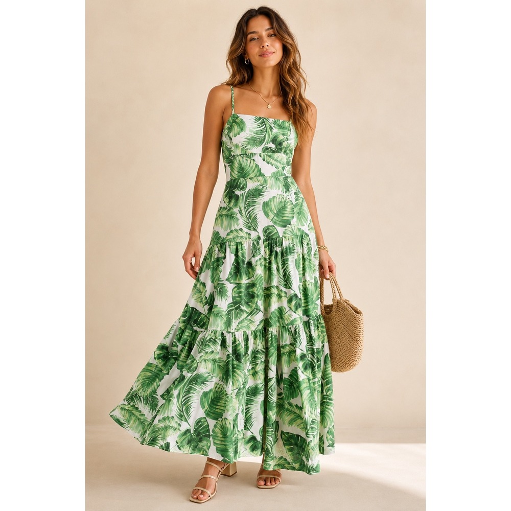 Taylor Green Tropical Palm Leaf Tiered Midi Dress Womens 4 Cotton Smocked Back